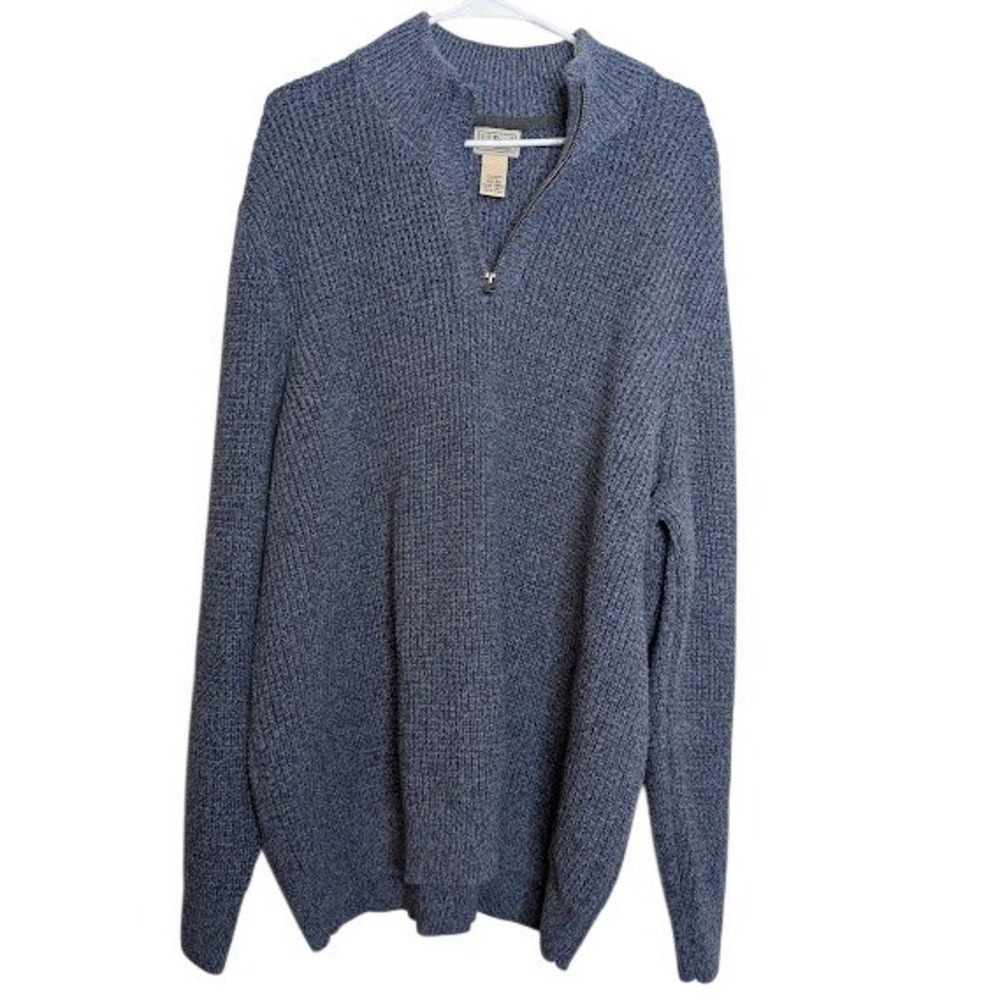 L.L. Bean Mens Blue Knit Sweater Long Sleeve 100% Cotton Pullover 1/4‎ Zip Heavy